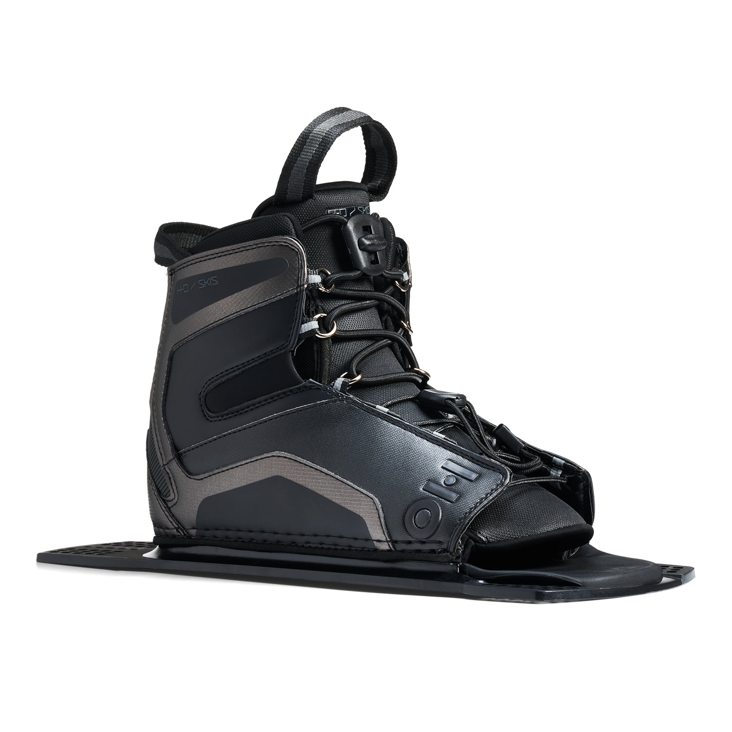 Angled view of Stance UltraLite Rear Boot in black and gray with HO logo and lace system.