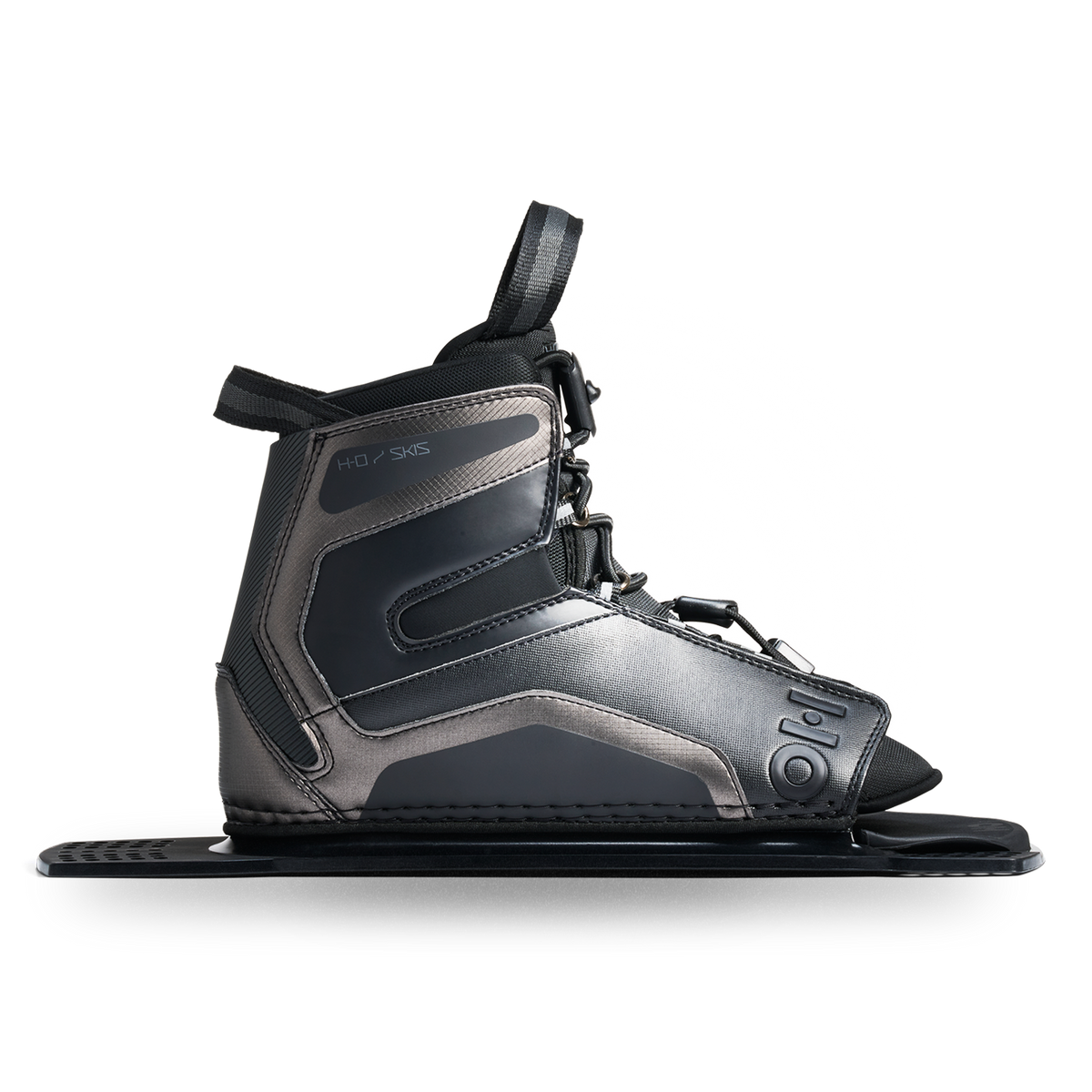 Side view of Stance UltraLite Rear Boot in black and gray with HO logo and lace system.
