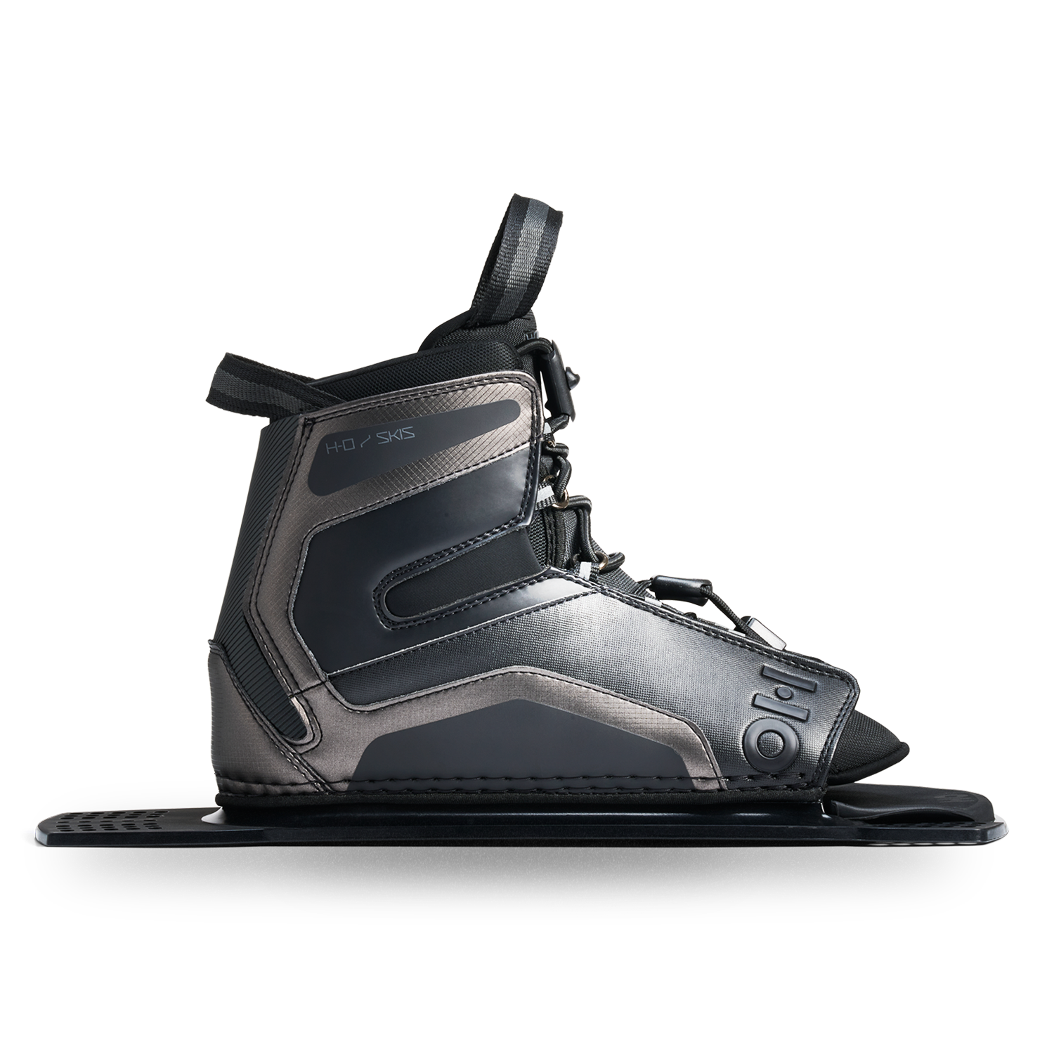 Side view of Stance UltraLite Rear Boot in black and gray with HO logo and lace system.