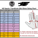 A sizing chart displaying glove sizes for men's, women's, and kids' gloves, listing hand length and palm circumference.
