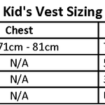 Kid’s vest sizing chart displaying chest and weight ranges for Junior, Youth, Child, and Infant sizes.