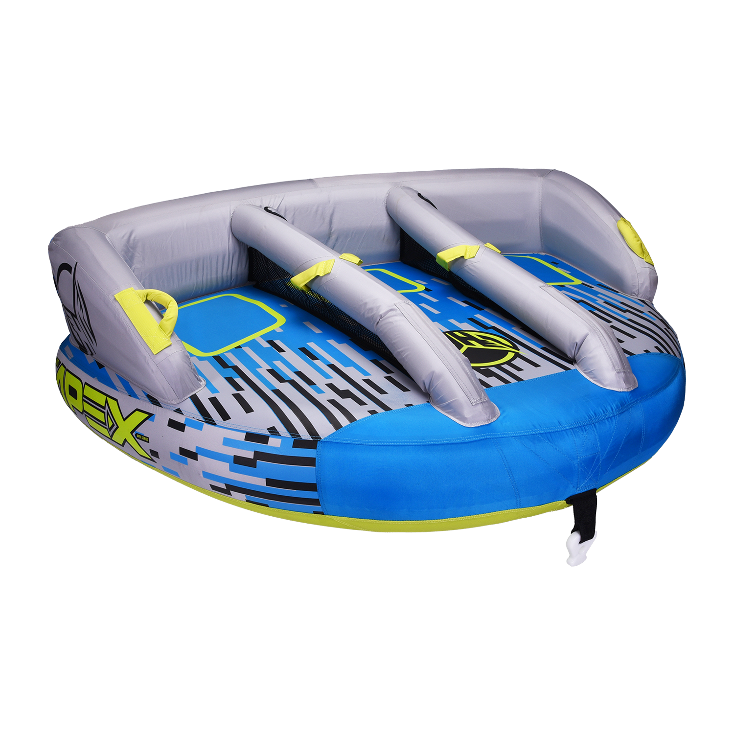 Left-angle view of the APEX 3 towable tube with a blue and gray design, padded seats, and yellow grab handles.
