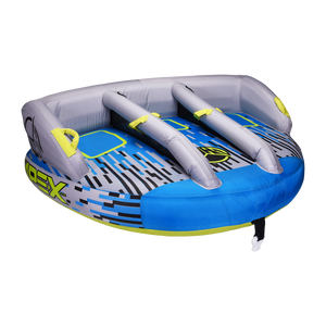 Left-angle view of the APEX 3 towable tube with a blue and gray design, padded seats, and yellow grab handles.