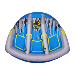 Top view of the APEX 3 towable tube with a blue and gray design, padded seats, and yellow grab handles.