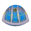 Top view of the APEX 3 towable tube with a blue and gray design, padded seats, and yellow grab handles.
