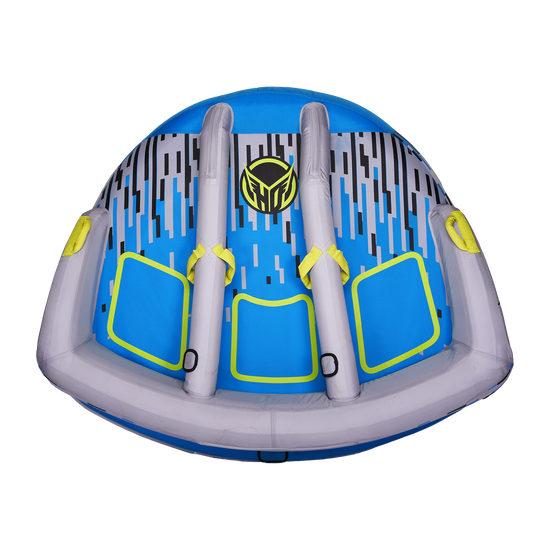 Top view of the Apex 3 towable in blue, gray, and black with yellow-trimmed seats, backrests, and the HO logo.