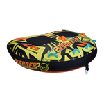 Left-angle view of the Blender 2 towable tube with a yellow, black, and orange pattern, padded seats, and multiple grab handles.