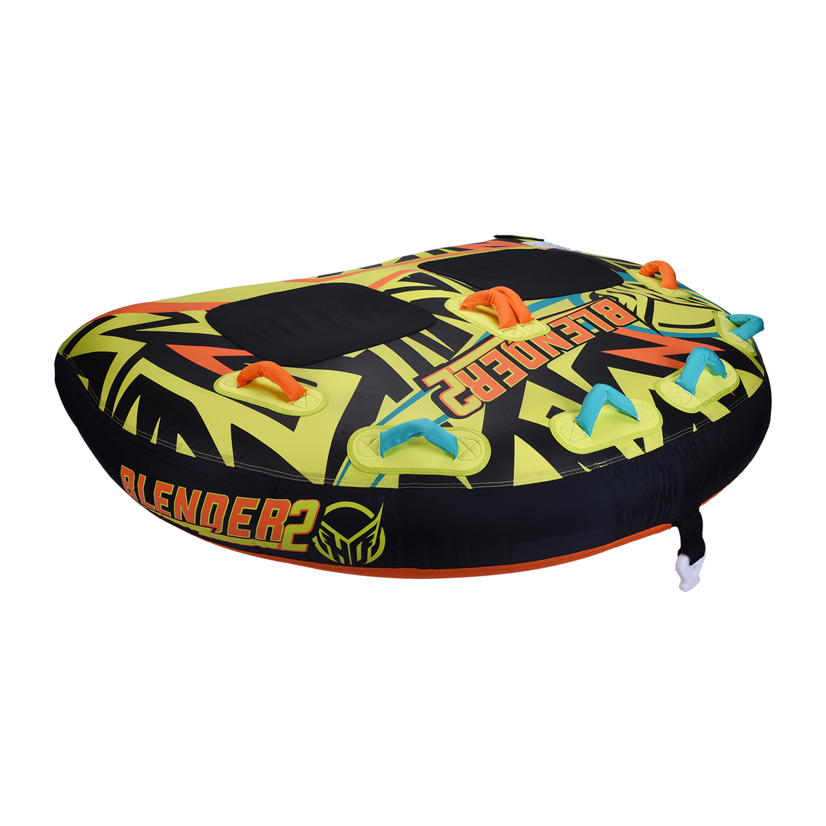 Left-angle view of the Blender 2 towable tube with a yellow, black, and orange pattern, padded seats, and multiple grab handles.