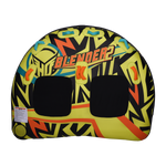 Top view of the Blender 2 towable tube with a yellow, black, and orange pattern, padded seats, and multiple grab handles.