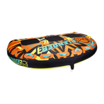 Left-angle view of the Blender 3 towable tube with an orange, black, and yellow pattern, padded seats, and grab handles.