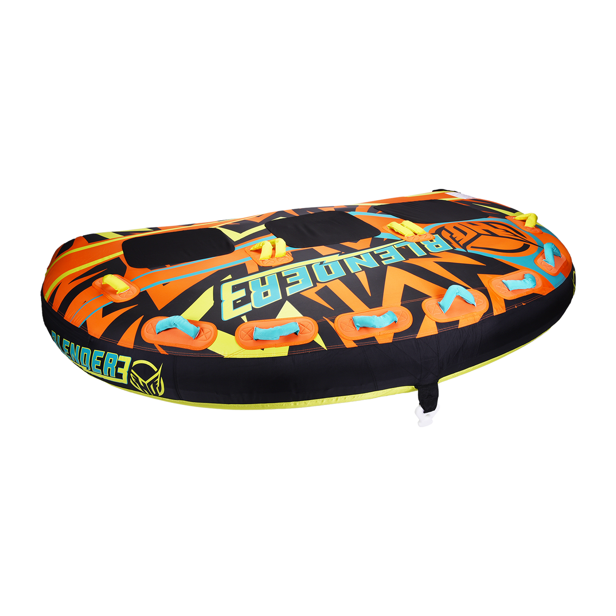 Left-angle view of the Blender 3 towable tube with an orange, black, and yellow pattern, padded seats, and grab handles.