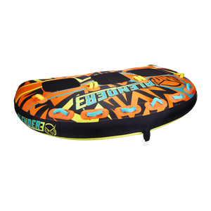 Left-angle view of the Blender 3 towable tube with an orange, black, and yellow pattern, padded seats, and grab handles.