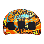 Top view of the Blender 3 towable tube with an orange, black, and yellow pattern, padded seats, and grab handles.