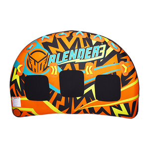 Top view of the Blender 3 towable tube with an orange, black, and yellow pattern, padded seats, and grab handles.