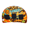 Top view of the Blender 3 towable tube with an orange, black, and yellow pattern, padded seats, and grab handles.