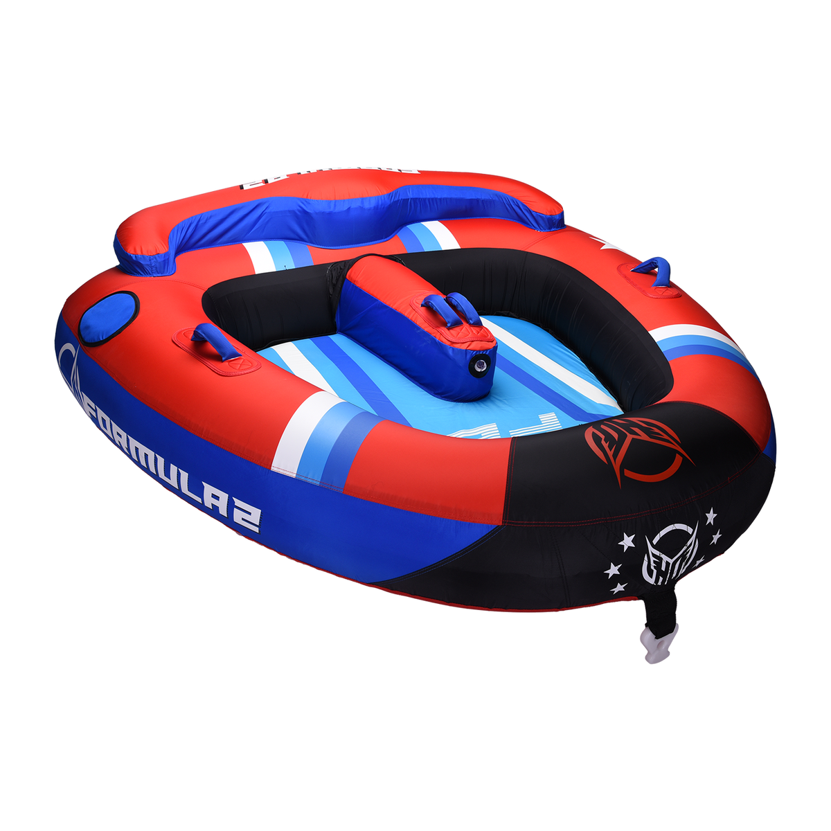 Angled view of the Formula 2 Tube in red, blue, and white with padded backrests and blue grab handles.