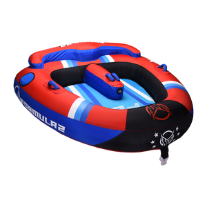 Angled view of the Formula 2 Tube in red, blue, and white with padded backrests and blue grab handles.