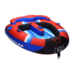 Angled view of the Formula 2 towable tube in red, blue, and black with two seating areas and padded handles.