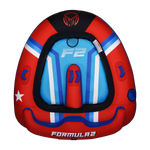 Top view of the Formula 2 towable tube in red, blue, and black with two seating areas and padded handles.