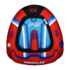 Top view of the Formula 2 towable tube in red, blue, and black with two seating areas and padded handles.