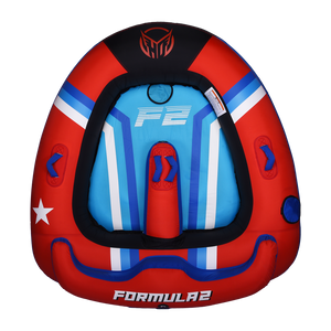 Top view of the Formula 2 Tube in red, blue, and white with a star, blue grab handles, and the HO logo.