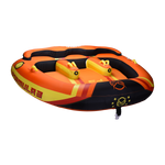 Angled view of the Formula 3 towable tube in orange, yellow, and black with three seating areas and padded handles.