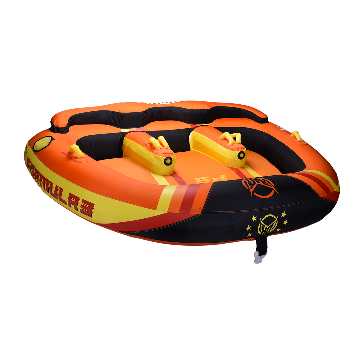 Angled view of the Formula 3 Tube in orange, red, and yellow with padded backrests and yellow grab handles.