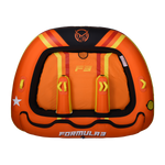 Top view of the Formula 3 towable tube in orange, yellow, and black with three seating areas and padded handles.