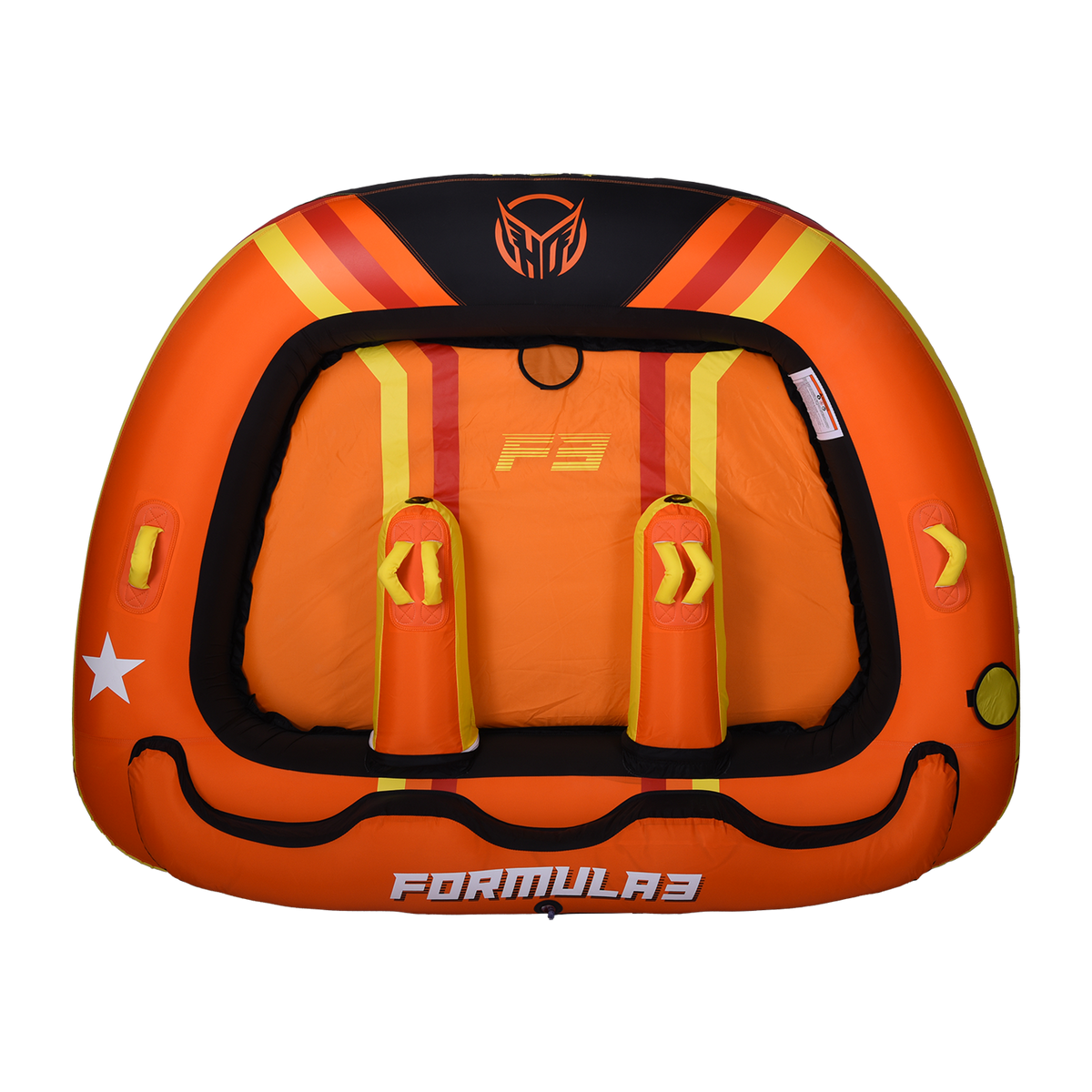 Top view of the Formula 3 Tube in orange, red, and yellow with a star, padded backrests, and the HO logo.