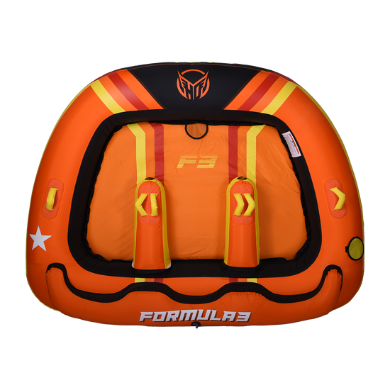 Top view of the Formula 3 Tube in orange, red, and yellow with a star, padded backrests, and the HO logo.