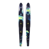 Top view of 67 Freeride Combos water skis with a blue and green jellyfish design, black bindings, and HO Sports logo.