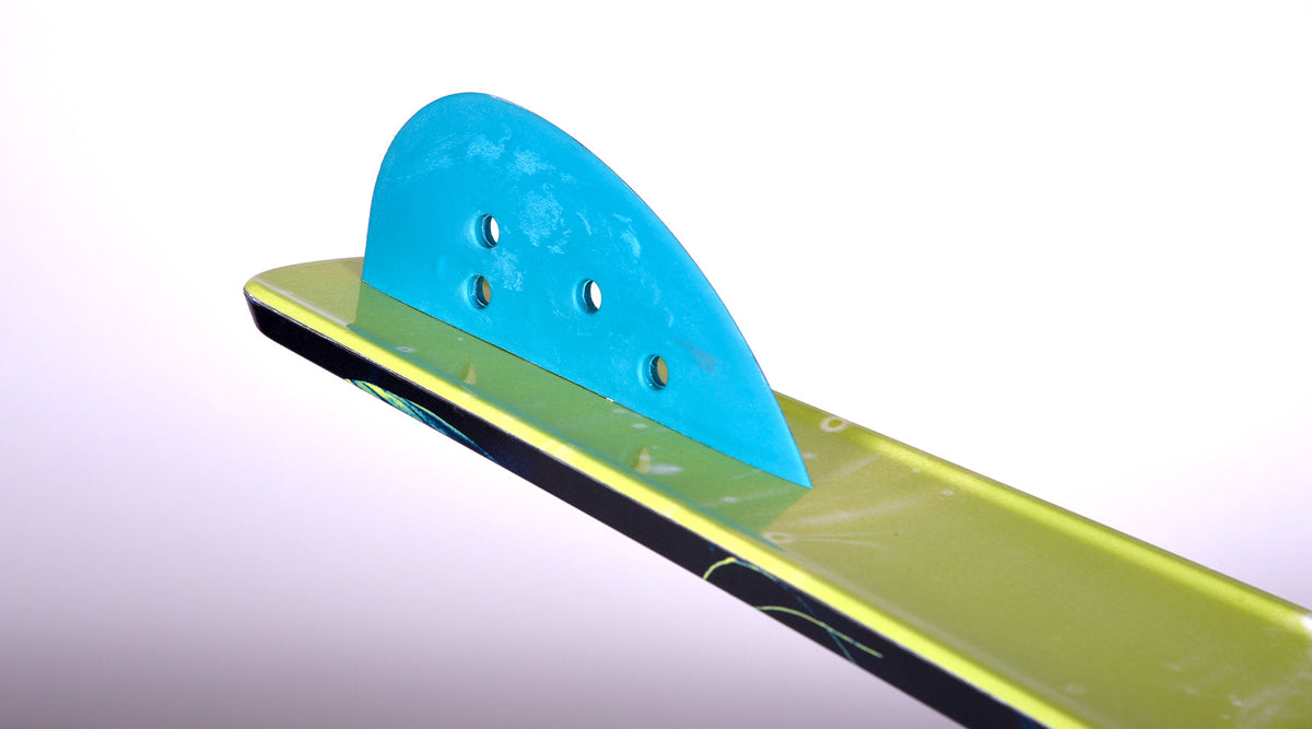 Bottom view of yellow and black water ski with a blue fin.