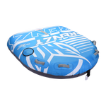 Angled view of the Frenzy towable tube in blue and white with multiple handles and bold branding.