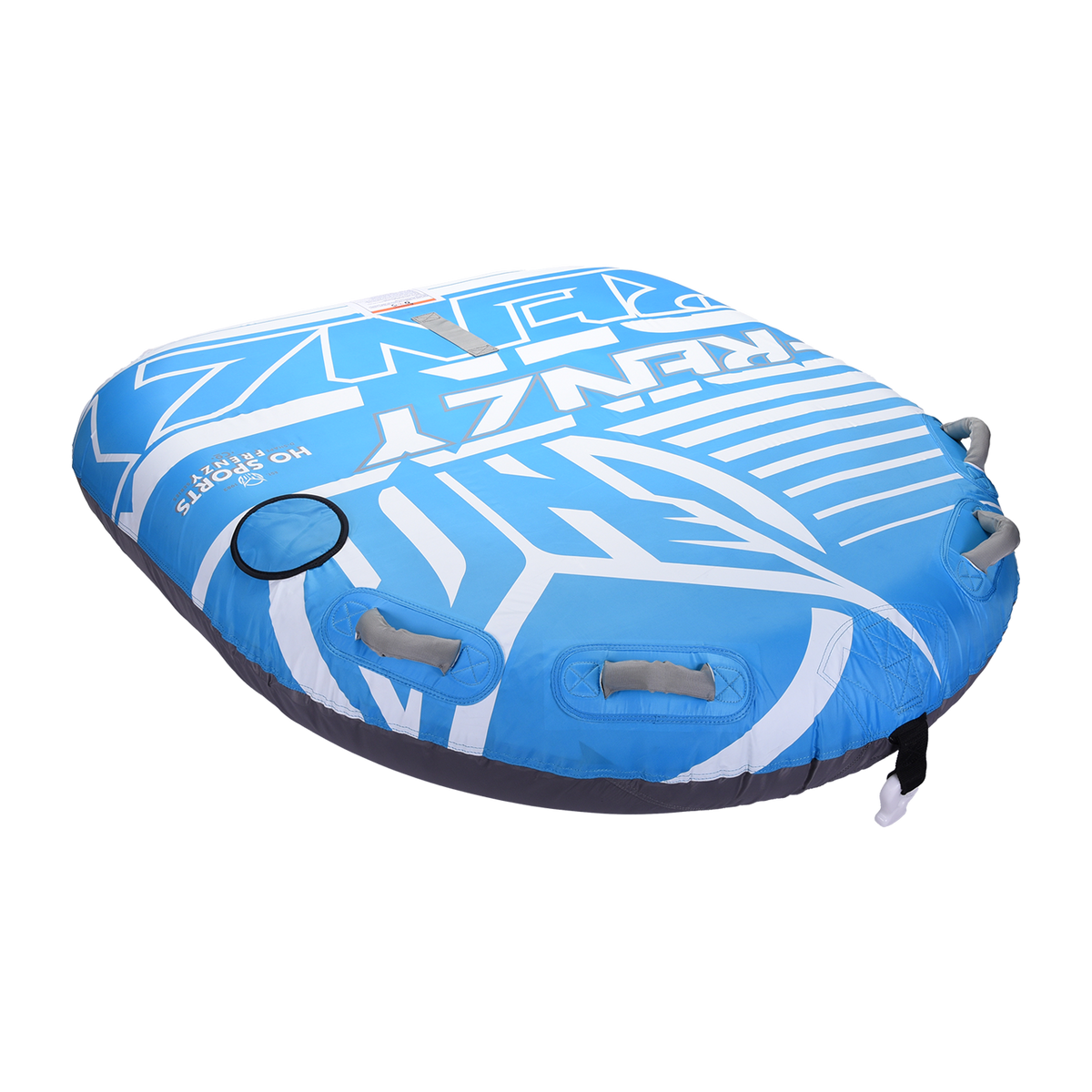 Angled view of the Frenzy towable tube in blue and white with multiple handles and bold branding.