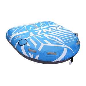 Angled view of the Frenzy towable tube in blue and white with multiple handles and bold branding.