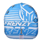 Top view of the Frenzy towable tube in blue and white with multiple handles and bold branding.