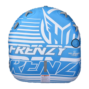 Top view of the Frenzy towable tube in blue and white with multiple handles and bold branding.