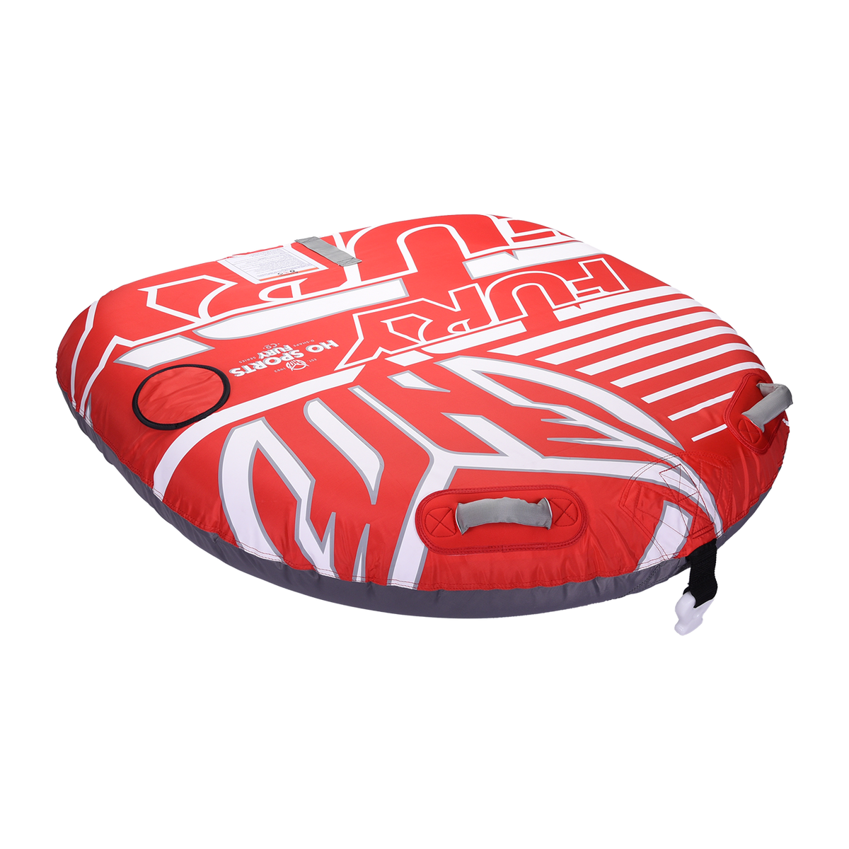 Angled view of the Fury towable tube in red and white with multiple handles and bold branding.