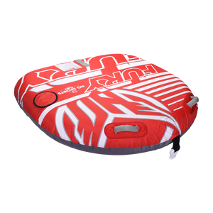 Angled view of the Fury towable tube in red and white with multiple handles and bold branding.