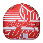 Top view of the Fury towable tube in red and white with multiple handles and bold branding.