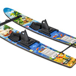 Angled view of Hot Shot Trainers 2025, showing the bindings, stabilizer bar, and graphics with an ocean adventure theme.