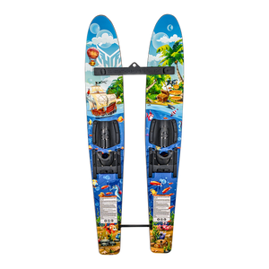Top view of Hot Shot Trainers 2025, featuring a colorful pirate-themed design with adjustable bindings and a stabilizer bar.