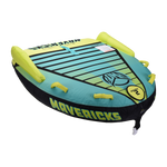 Angled view of the Mavericks 2 towable tube in teal and yellow with black accents, four handles, and seating for two riders.