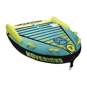 Angled view of the Mavericks 2 towable tube in teal and yellow with black accents, four handles, and seating for two riders.