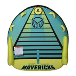 Top view of the Mavericks 2 towable tube in teal and yellow with black accents, four handles, and seating for two riders.