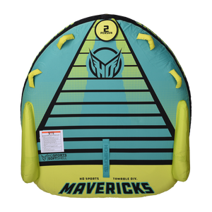 Top view of the Mavericks 2 towable tube in teal and yellow with black accents, four handles, and seating for two riders.