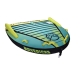 Angled view of the Mavericks 3 towable tube in teal and yellow with six handles and space for three riders.