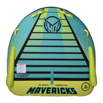 Top view of the Mavericks 3 towable tube in teal and yellow with six handles and space for three riders.