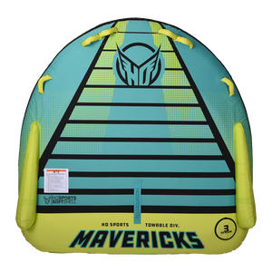 Top view of the Mavericks 3 towable tube in teal and yellow with six handles and space for three riders.