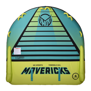 Top view of the Mavericks 4 towable tube in teal and yellow with eight handles and seating for four riders.